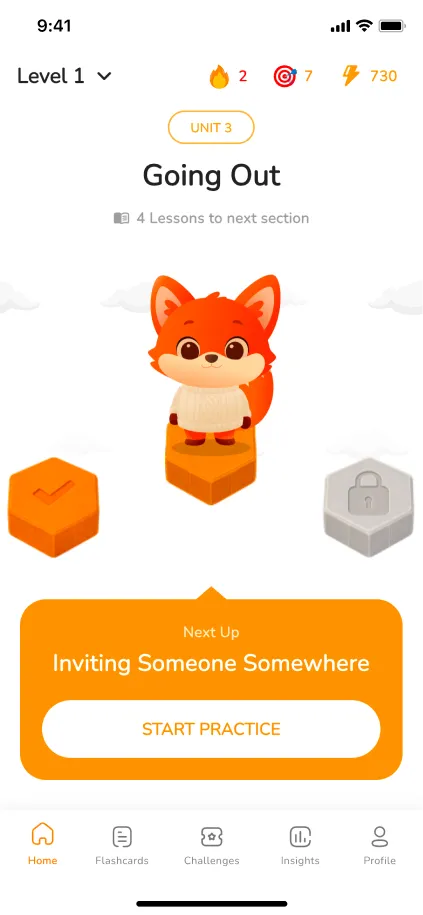 HeyRua home screen showing Level 1, Unit 3 Going Out, with Rua the fox and the next lesson Inviting Someone Somewhere