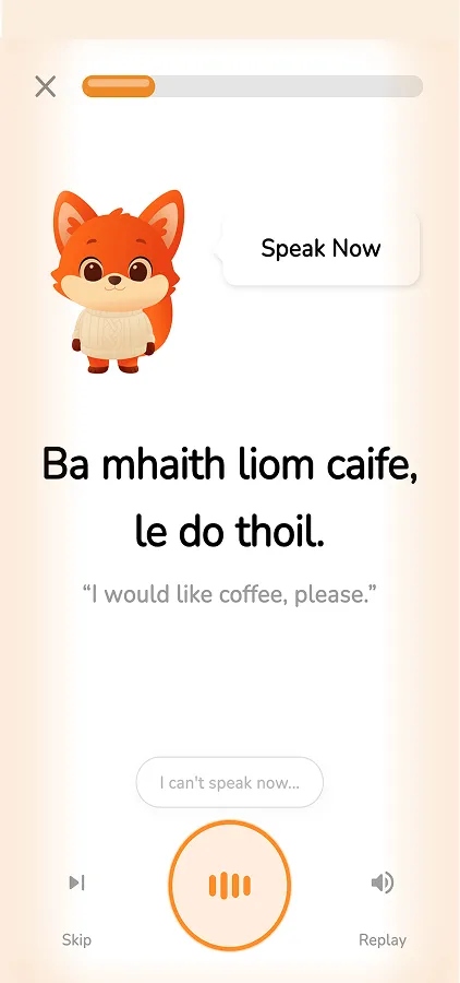 HeyRua speaking practice screen: Rua the fox says Speak Now beside the Irish phrase Ba mhaith liom caife, le do thoil